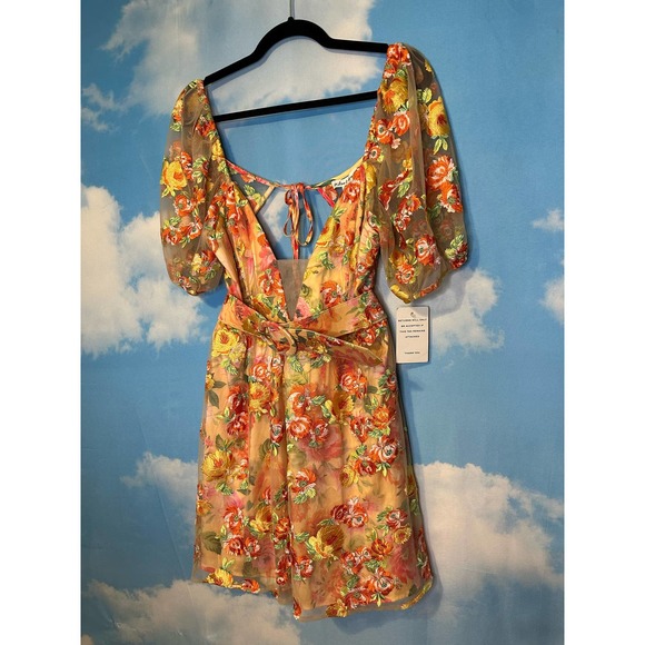 For Love & Lemons Floral Mini Dress Large Golden Yellow Plunge Short Sleeve Nwt - Picture 4 of 15
